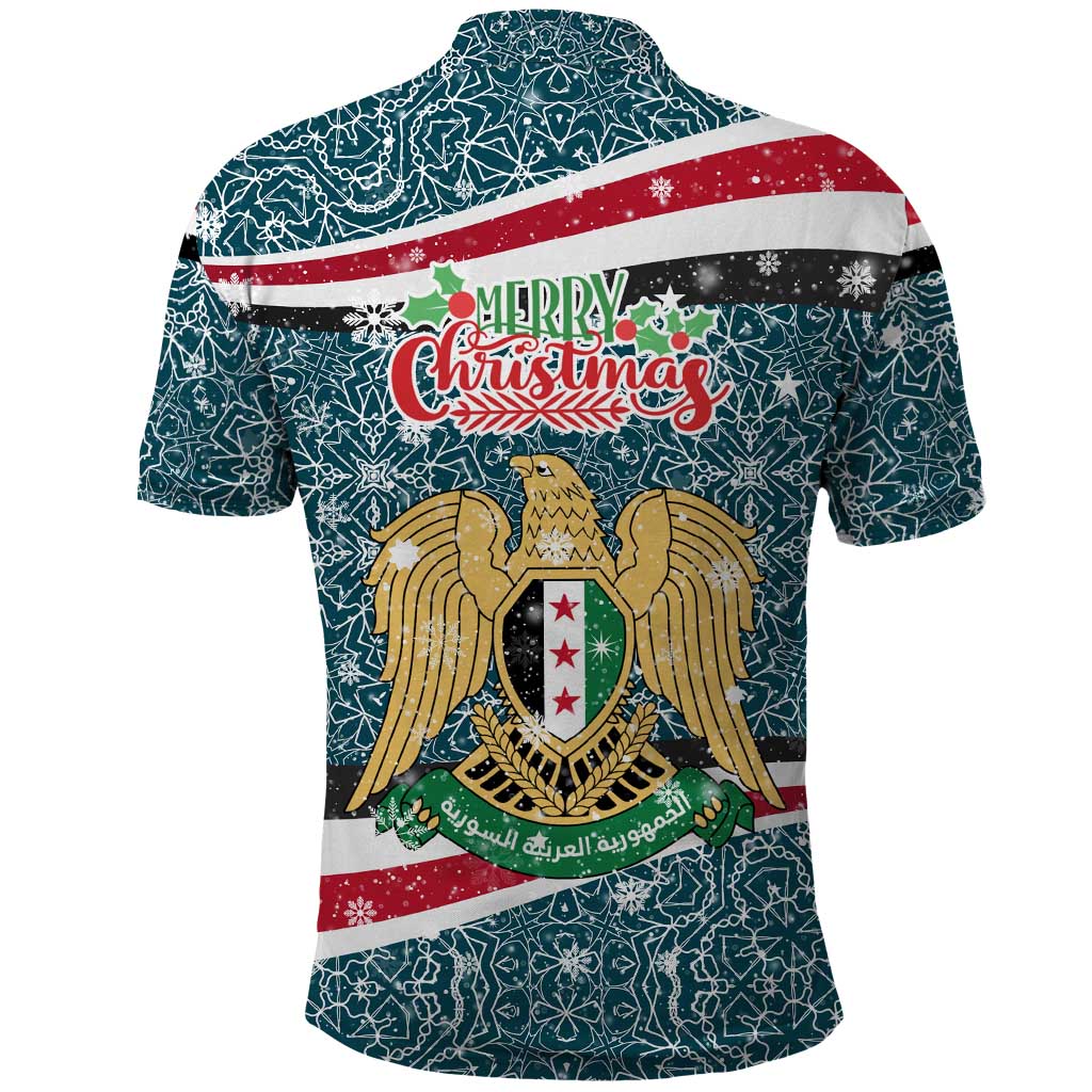 Syria Christmas Polo Shirt with National Flag Motif, Coat of Arms Eagle, and Festive Snowflake Pattern - Wonder Print Shop