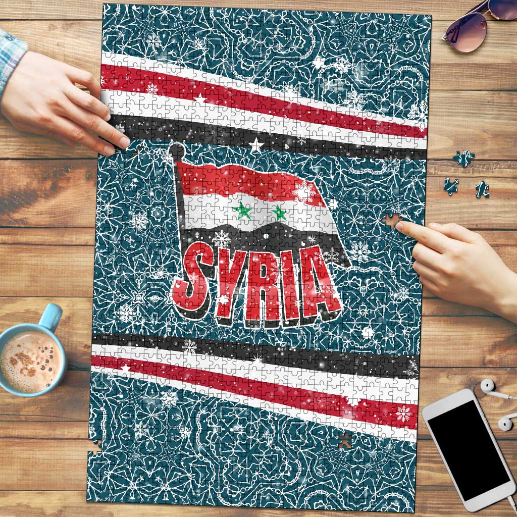 Syria Christmas Puzzle with National Flag Motif, Coat of Arms Eagle, and Festive Snowflake Pattern - Wonder Print Shop