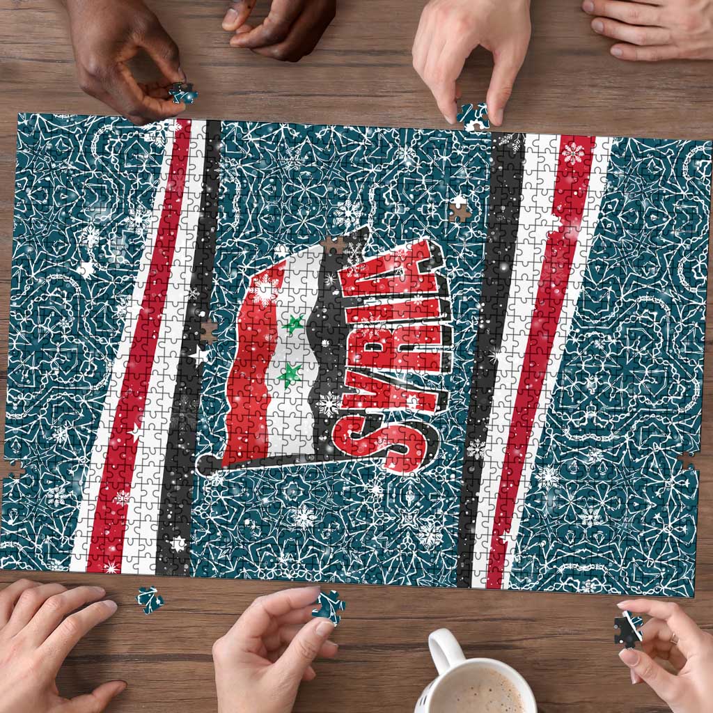 Syria Christmas Puzzle with National Flag Motif, Coat of Arms Eagle, and Festive Snowflake Pattern - Wonder Print Shop