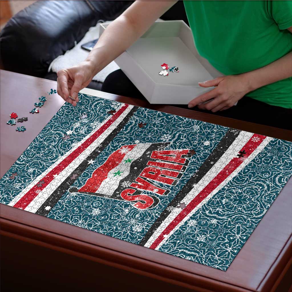 Syria Christmas Puzzle with National Flag Motif, Coat of Arms Eagle, and Festive Snowflake Pattern - Wonder Print Shop