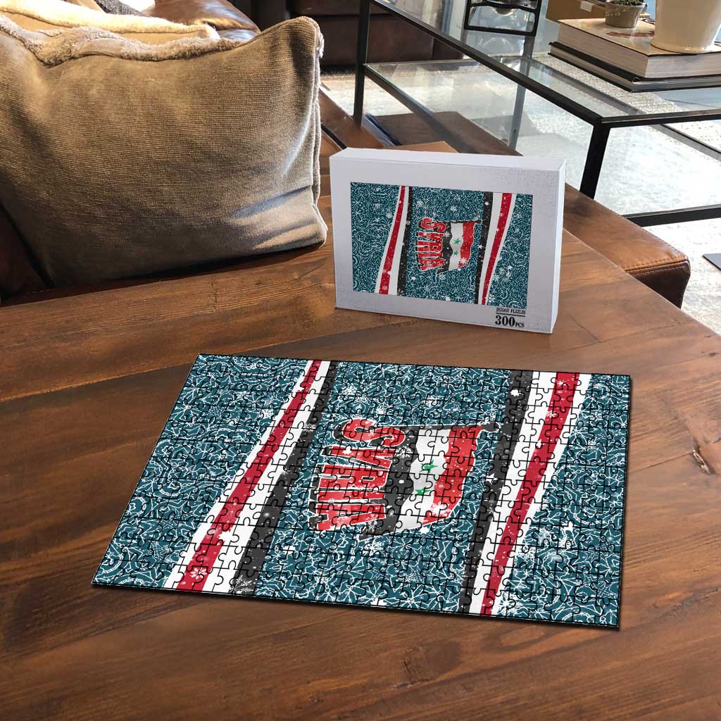 Syria Christmas Puzzle with National Flag Motif, Coat of Arms Eagle, and Festive Snowflake Pattern - Wonder Print Shop