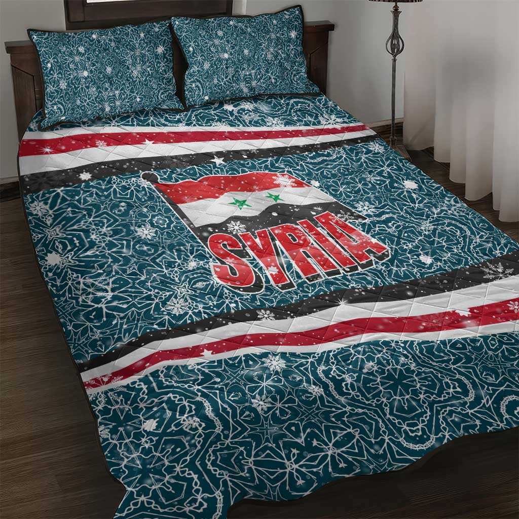 Syria Christmas Quilt Bed Set with National Flag Motif, Coat of Arms Eagle, and Festive Snowflake Pattern - Wonder Print Shop
