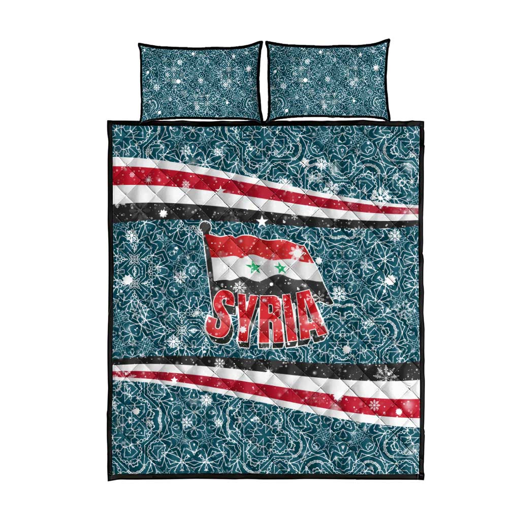 Syria Christmas Quilt Bed Set with National Flag Motif, Coat of Arms Eagle, and Festive Snowflake Pattern - Wonder Print Shop
