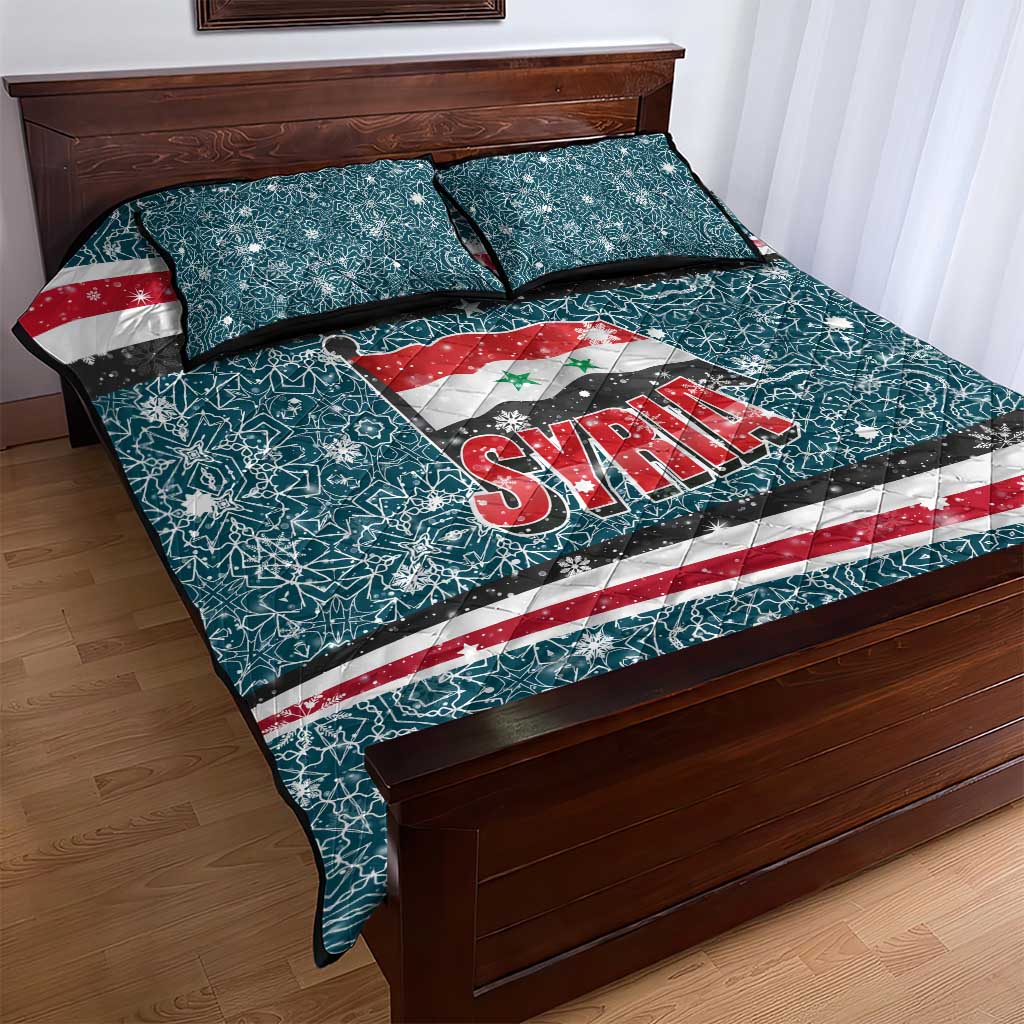 Syria Christmas Quilt Bed Set with National Flag Motif, Coat of Arms Eagle, and Festive Snowflake Pattern - Wonder Print Shop