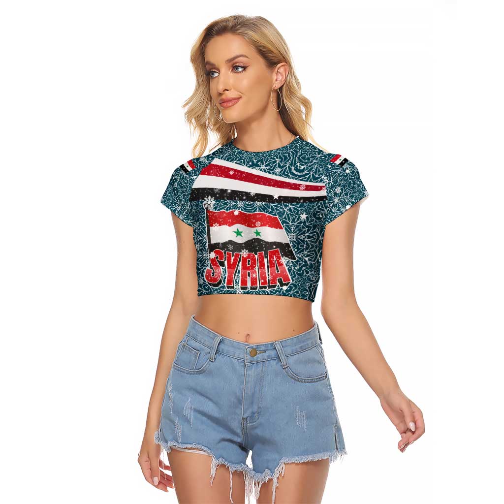 Syria Christmas Raglan Cropped T Shirt with National Flag Motif, Coat of Arms Eagle, and Festive Snowflake Pattern - Wonder Print Shop