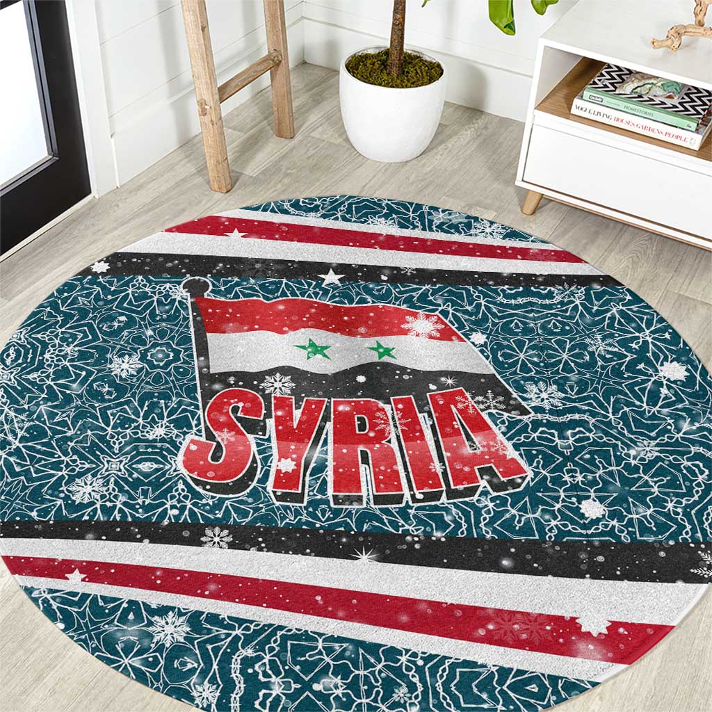 Syria Christmas Round Carpet with National Flag Motif, Coat of Arms Eagle, and Festive Snowflake Pattern - Wonder Print Shop