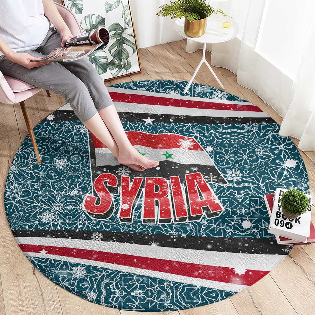 Syria Christmas Round Carpet with National Flag Motif, Coat of Arms Eagle, and Festive Snowflake Pattern - Wonder Print Shop