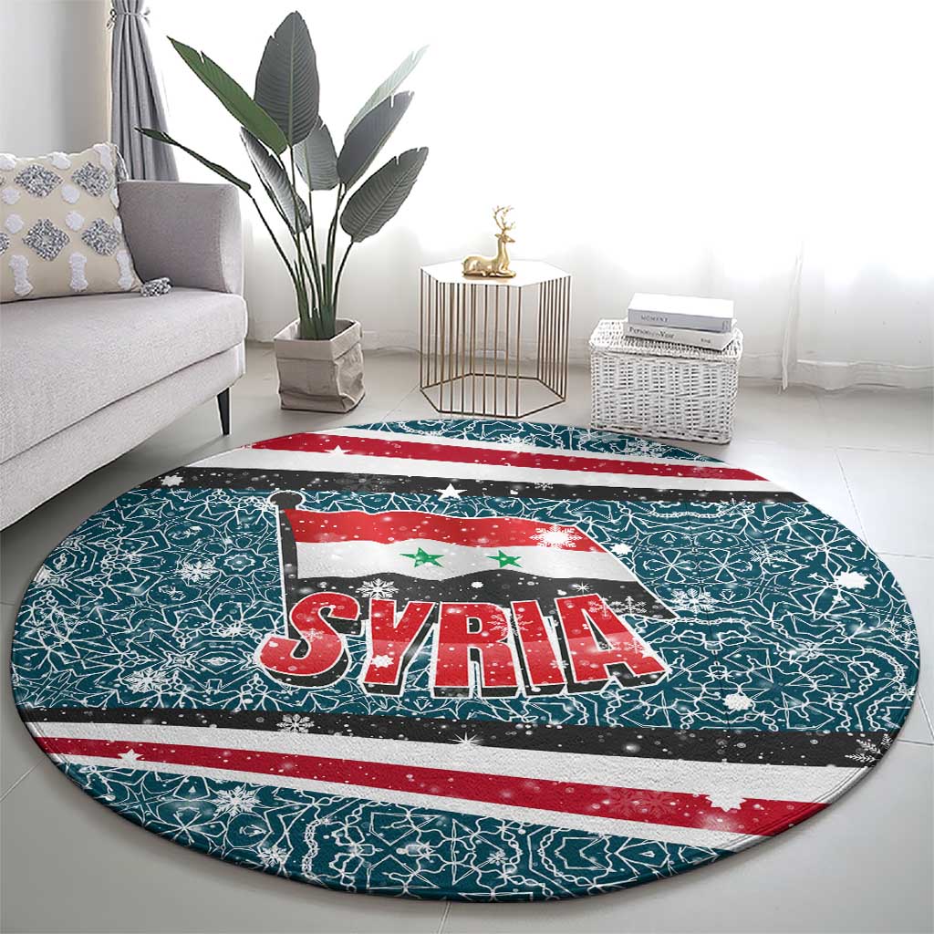 Syria Christmas Round Carpet with National Flag Motif, Coat of Arms Eagle, and Festive Snowflake Pattern - Wonder Print Shop