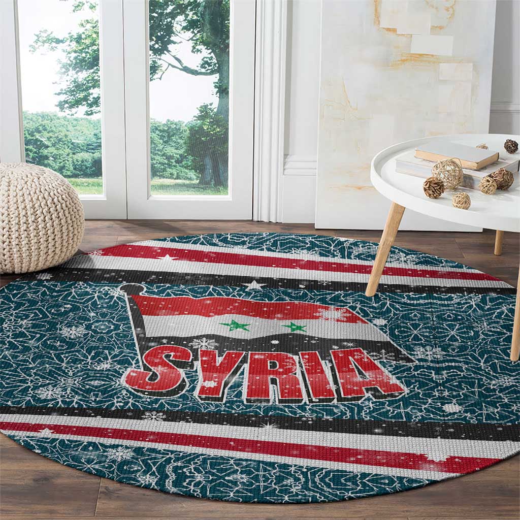 Syria Christmas Round Carpet with National Flag Motif, Coat of Arms Eagle, and Festive Snowflake Pattern - Wonder Print Shop