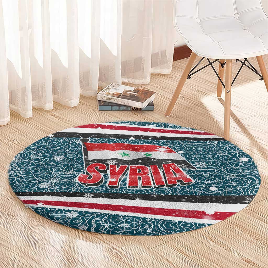 Syria Christmas Round Carpet with National Flag Motif, Coat of Arms Eagle, and Festive Snowflake Pattern - Wonder Print Shop