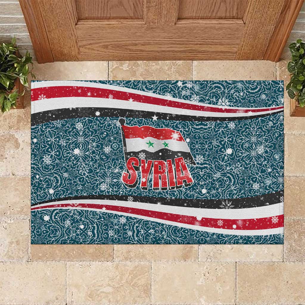 Syria Christmas Rubber Doormat with National Flag Motif, Coat of Arms Eagle, and Festive Snowflake Pattern - Wonder Print Shop