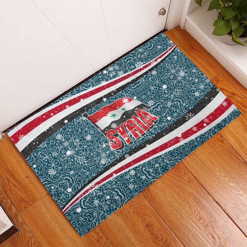 Syria Christmas Rubber Doormat with National Flag Motif, Coat of Arms Eagle, and Festive Snowflake Pattern - Wonder Print Shop