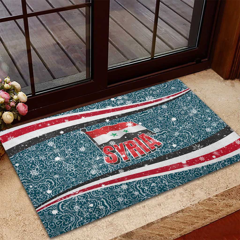 Syria Christmas Rubber Doormat with National Flag Motif, Coat of Arms Eagle, and Festive Snowflake Pattern - Wonder Print Shop