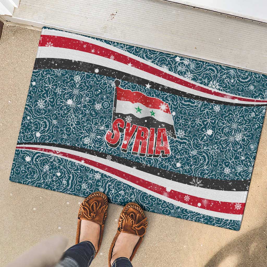 Syria Christmas Rubber Doormat with National Flag Motif, Coat of Arms Eagle, and Festive Snowflake Pattern - Wonder Print Shop