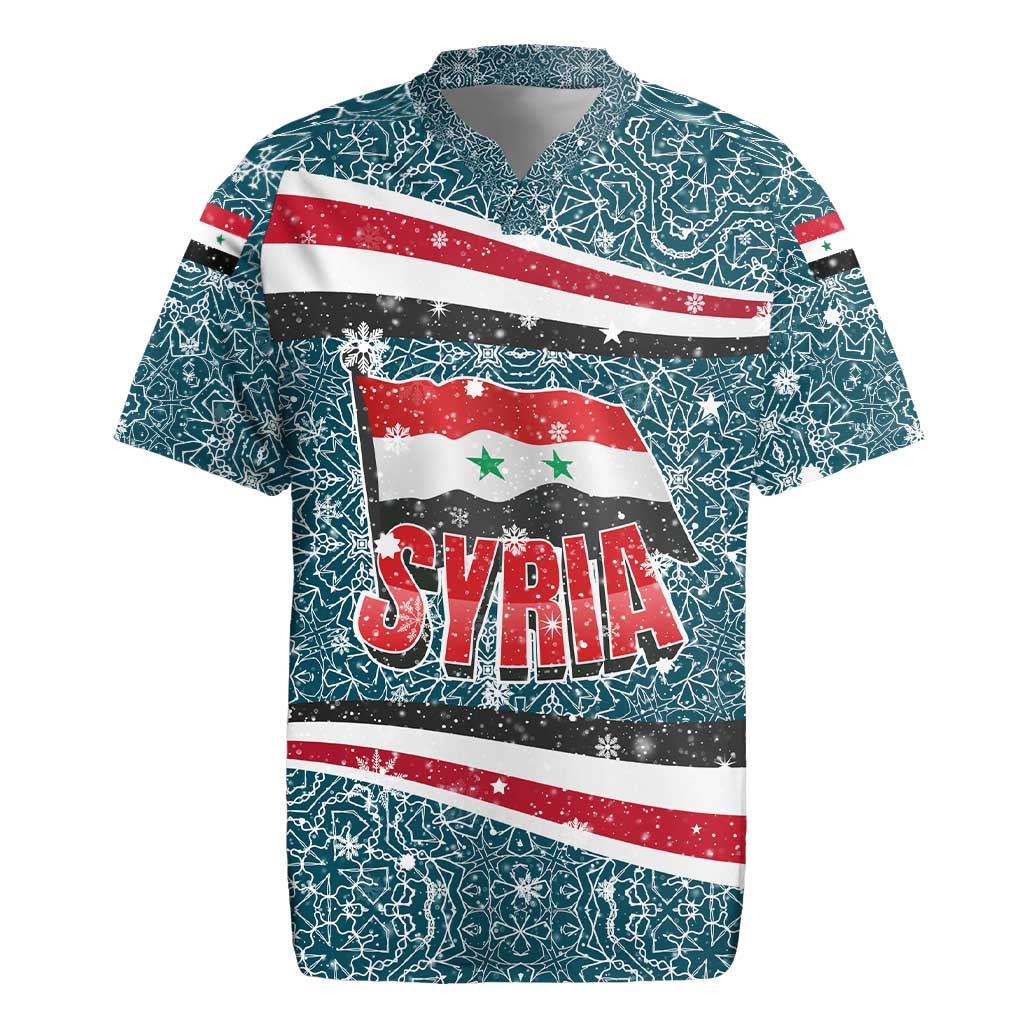 Syria Christmas Rugby Jersey with National Flag Motif, Coat of Arms Eagle, and Festive Snowflake Pattern - Wonder Print Shop