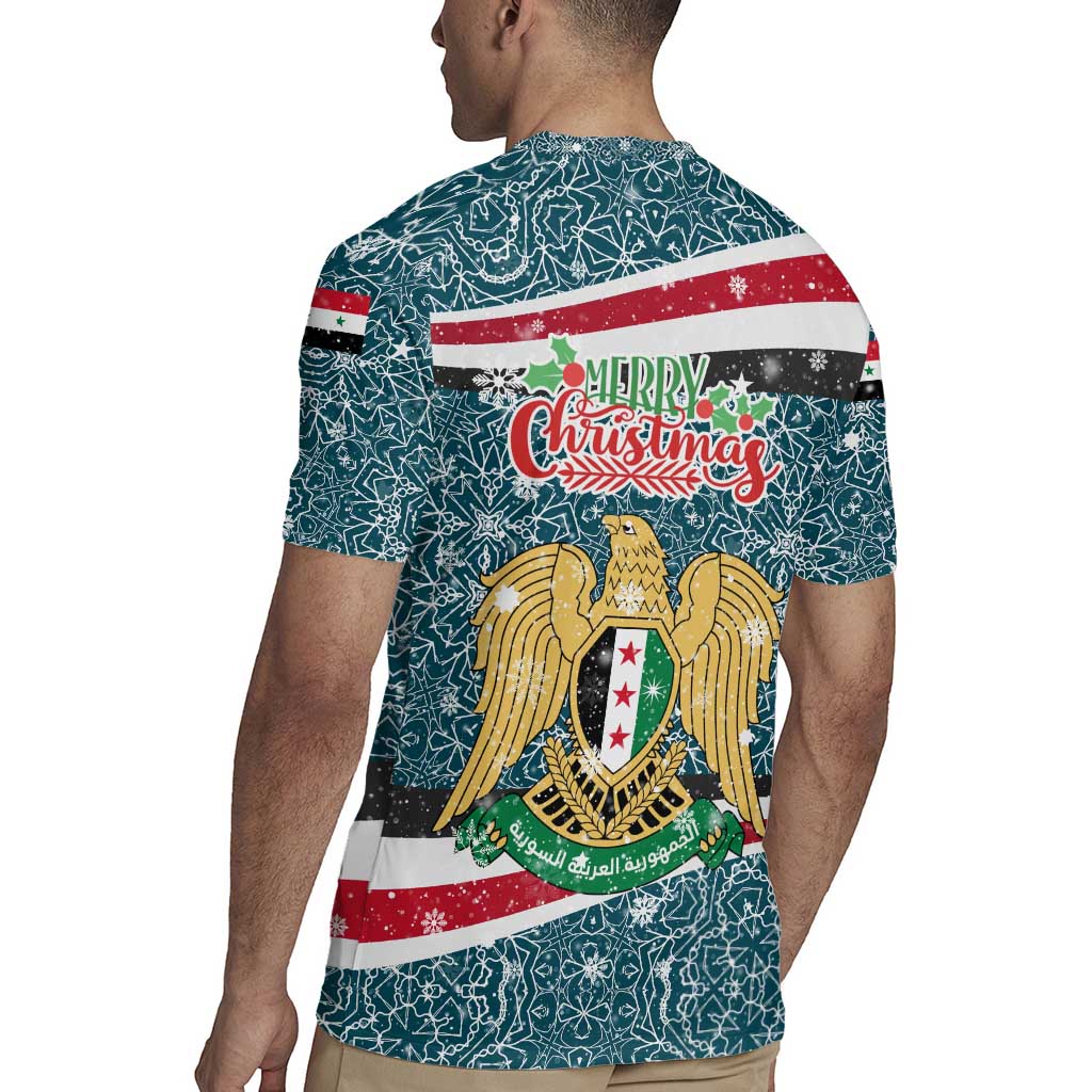 Syria Christmas Rugby Jersey with National Flag Motif, Coat of Arms Eagle, and Festive Snowflake Pattern - Wonder Print Shop