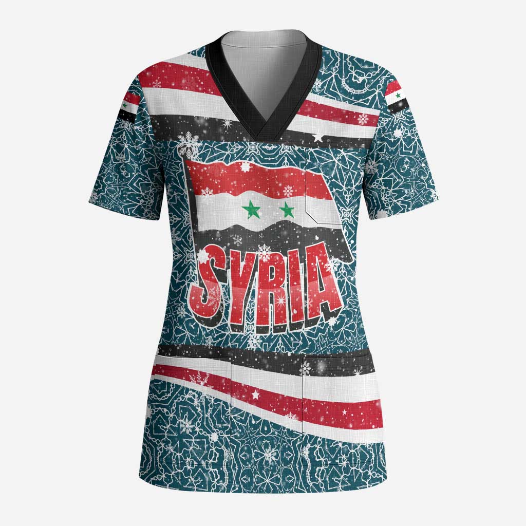 Syria Christmas Scrub Top with National Flag Motif, Coat of Arms Eagle, and Festive Snowflake Pattern - Wonder Print Shop