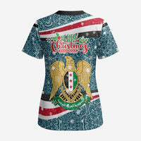 Syria Christmas Scrub Top with National Flag Motif, Coat of Arms Eagle, and Festive Snowflake Pattern - Wonder Print Shop