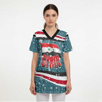 Syria Christmas Scrub Top with National Flag Motif, Coat of Arms Eagle, and Festive Snowflake Pattern - Wonder Print Shop