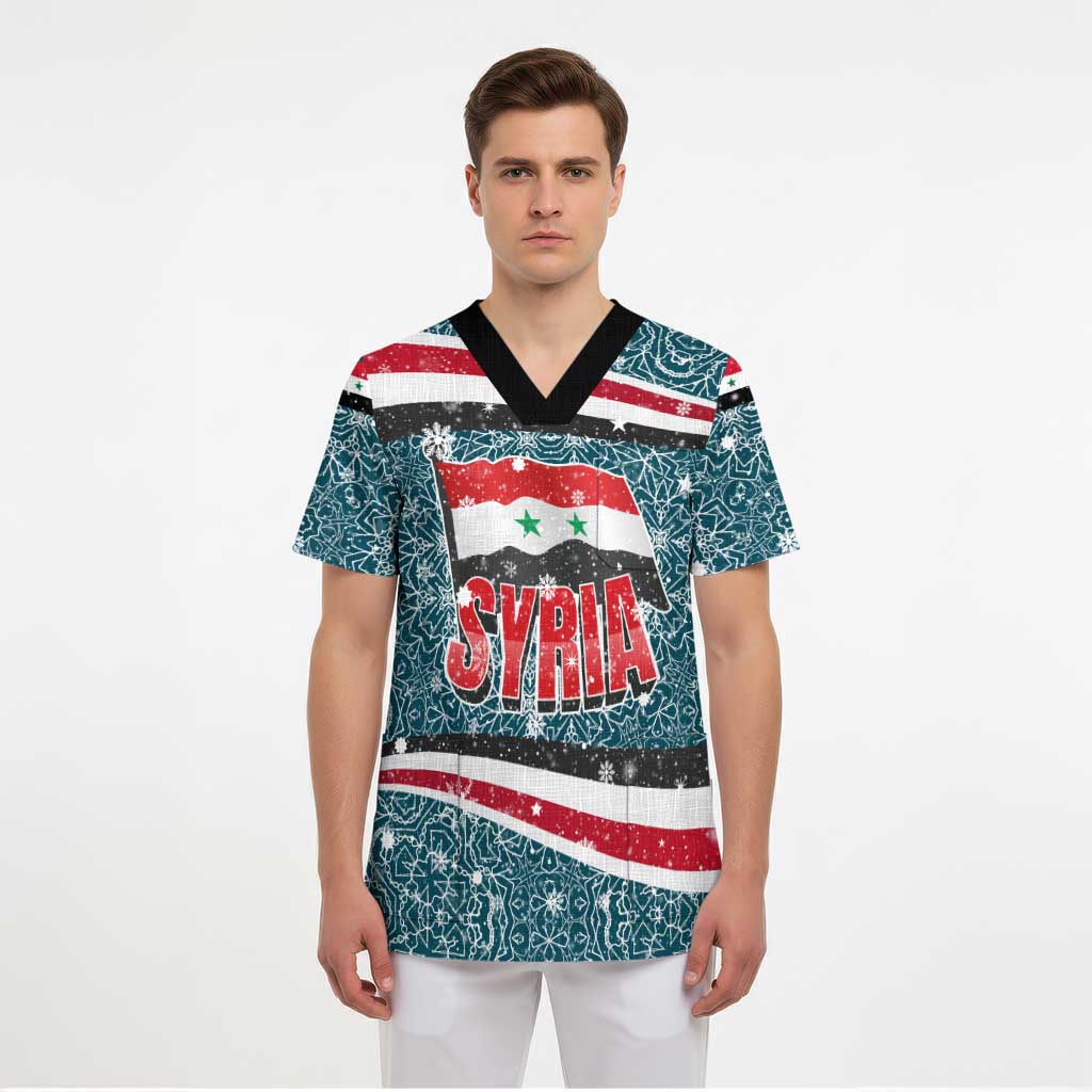 Syria Christmas Scrub Top with National Flag Motif, Coat of Arms Eagle, and Festive Snowflake Pattern - Wonder Print Shop