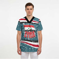 Syria Christmas Scrub Top with National Flag Motif, Coat of Arms Eagle, and Festive Snowflake Pattern - Wonder Print Shop