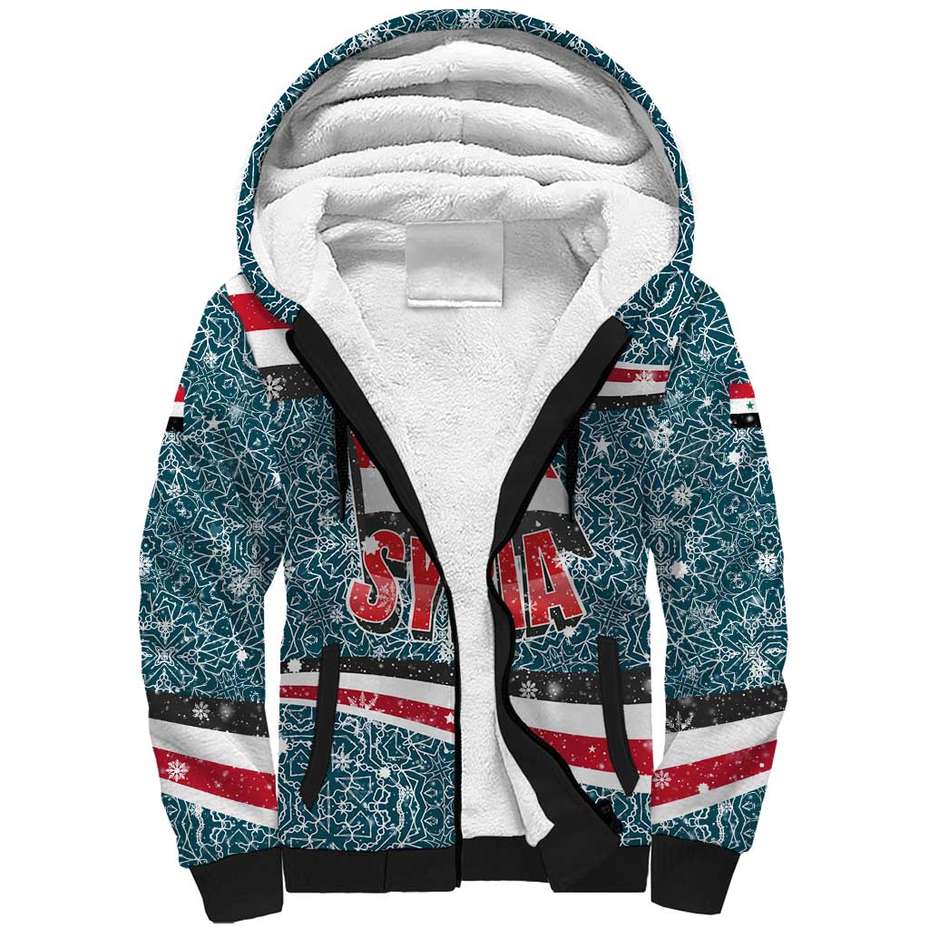 Syria Christmas Sherpa Hoodie with National Flag Motif, Coat of Arms Eagle, and Festive Snowflake Pattern - Wonder Print Shop