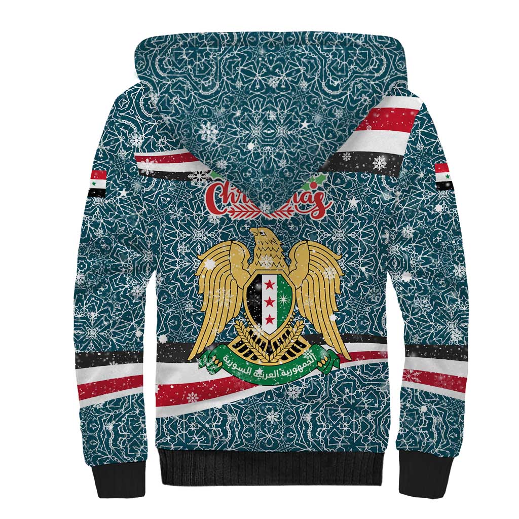 Syria Christmas Sherpa Hoodie with National Flag Motif, Coat of Arms Eagle, and Festive Snowflake Pattern - Wonder Print Shop
