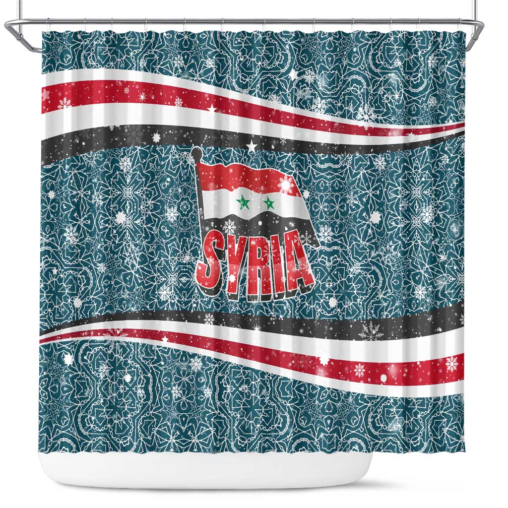 Syria Christmas Shower Curtain with National Flag Motif, Coat of Arms Eagle, and Festive Snowflake Pattern - Wonder Print Shop