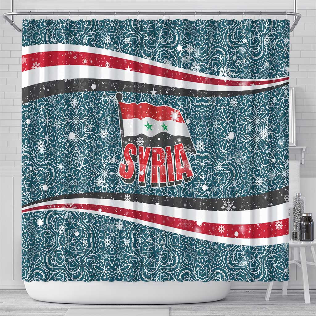 Syria Christmas Shower Curtain with National Flag Motif, Coat of Arms Eagle, and Festive Snowflake Pattern - Wonder Print Shop