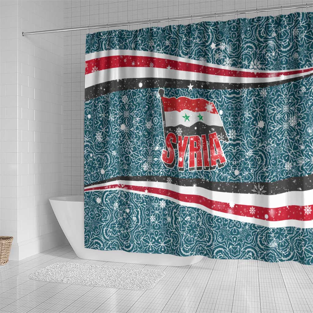 Syria Christmas Shower Curtain with National Flag Motif, Coat of Arms Eagle, and Festive Snowflake Pattern - Wonder Print Shop