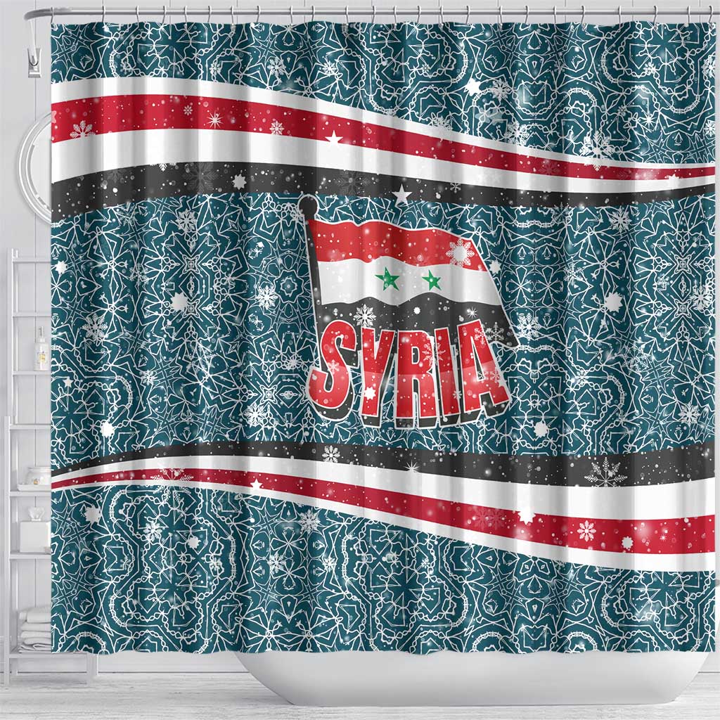 Syria Christmas Shower Curtain with National Flag Motif, Coat of Arms Eagle, and Festive Snowflake Pattern - Wonder Print Shop