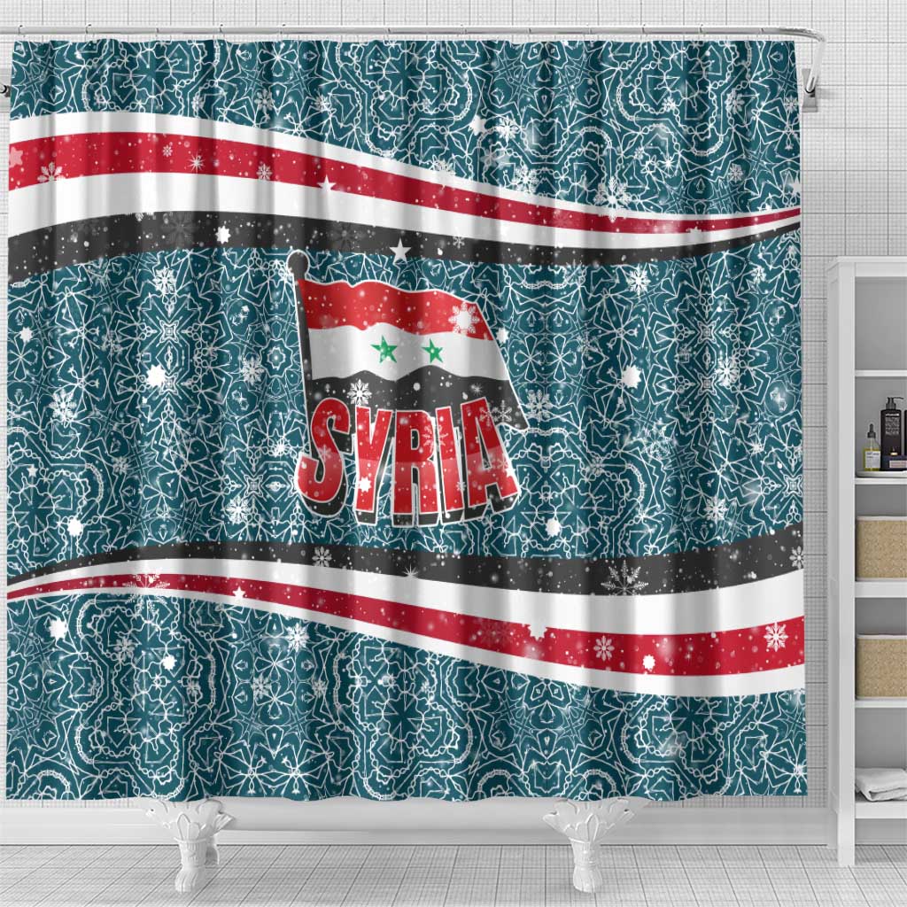 Syria Christmas Shower Curtain with National Flag Motif, Coat of Arms Eagle, and Festive Snowflake Pattern - Wonder Print Shop
