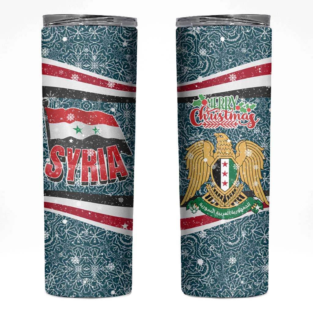 Syria Christmas Skinny Tumbler with National Flag Motif, Coat of Arms Eagle, and Festive Snowflake Pattern - Wonder Print Shop