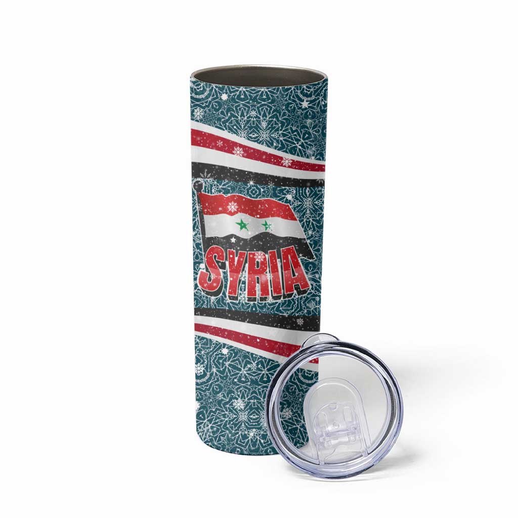 Syria Christmas Skinny Tumbler with National Flag Motif, Coat of Arms Eagle, and Festive Snowflake Pattern - Wonder Print Shop