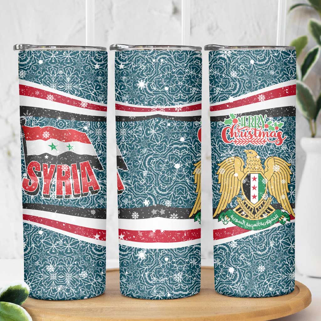 Syria Christmas Skinny Tumbler with National Flag Motif, Coat of Arms Eagle, and Festive Snowflake Pattern - Wonder Print Shop