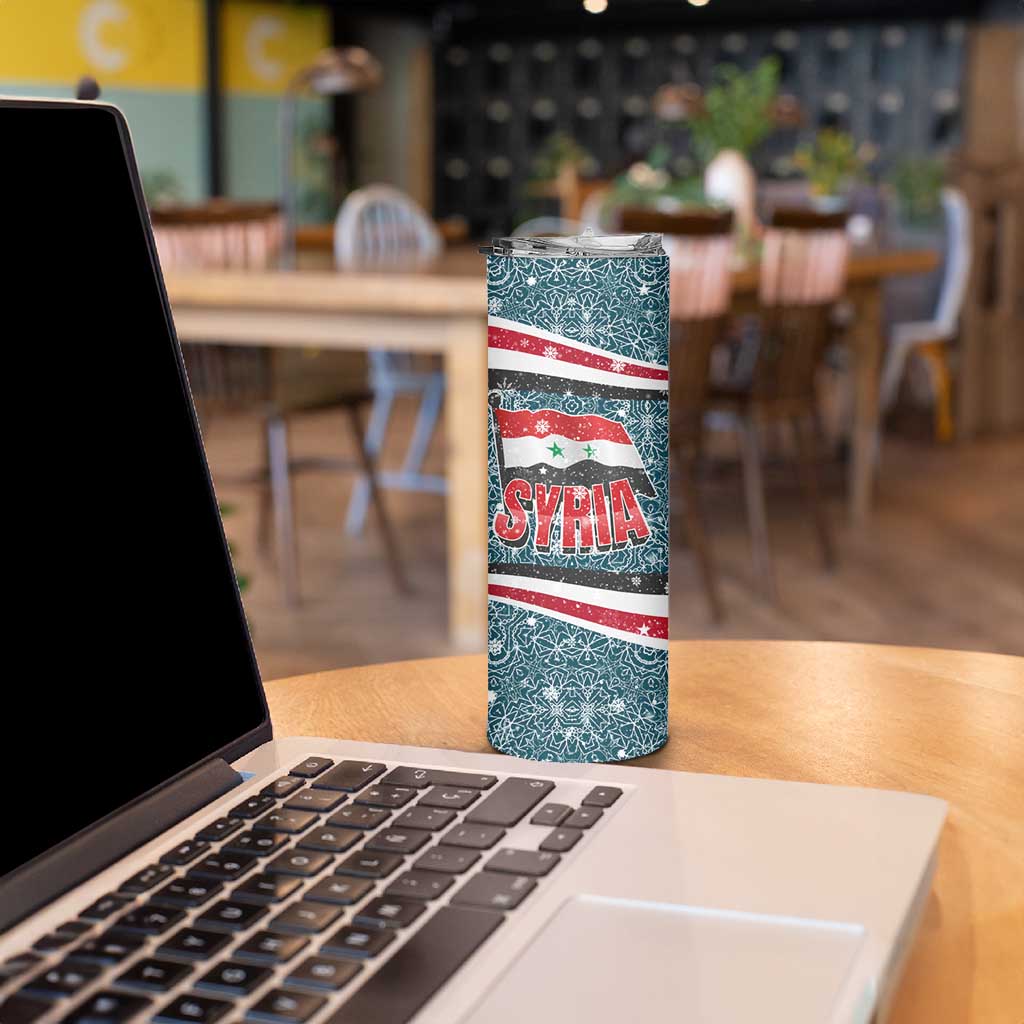 Syria Christmas Skinny Tumbler with National Flag Motif, Coat of Arms Eagle, and Festive Snowflake Pattern - Wonder Print Shop