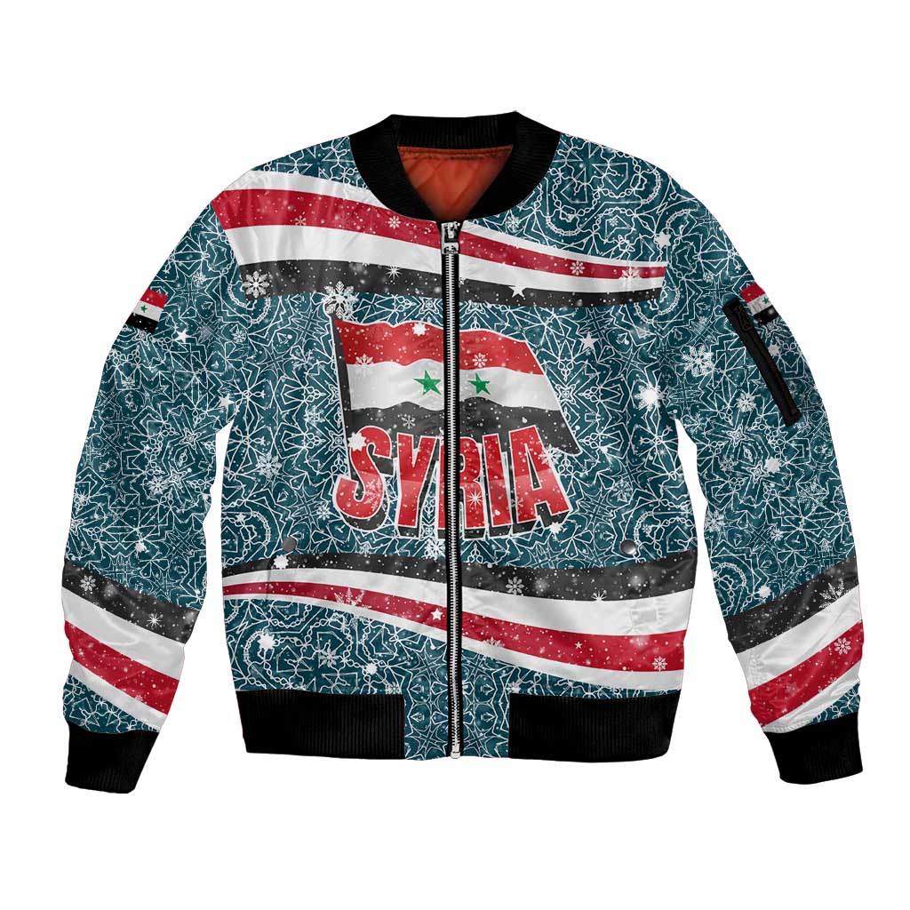 Syria Christmas Sleeve Zip Bomber Jacket with National Flag Motif, Coat of Arms Eagle, and Festive Snowflake Pattern - Wonder Print Shop