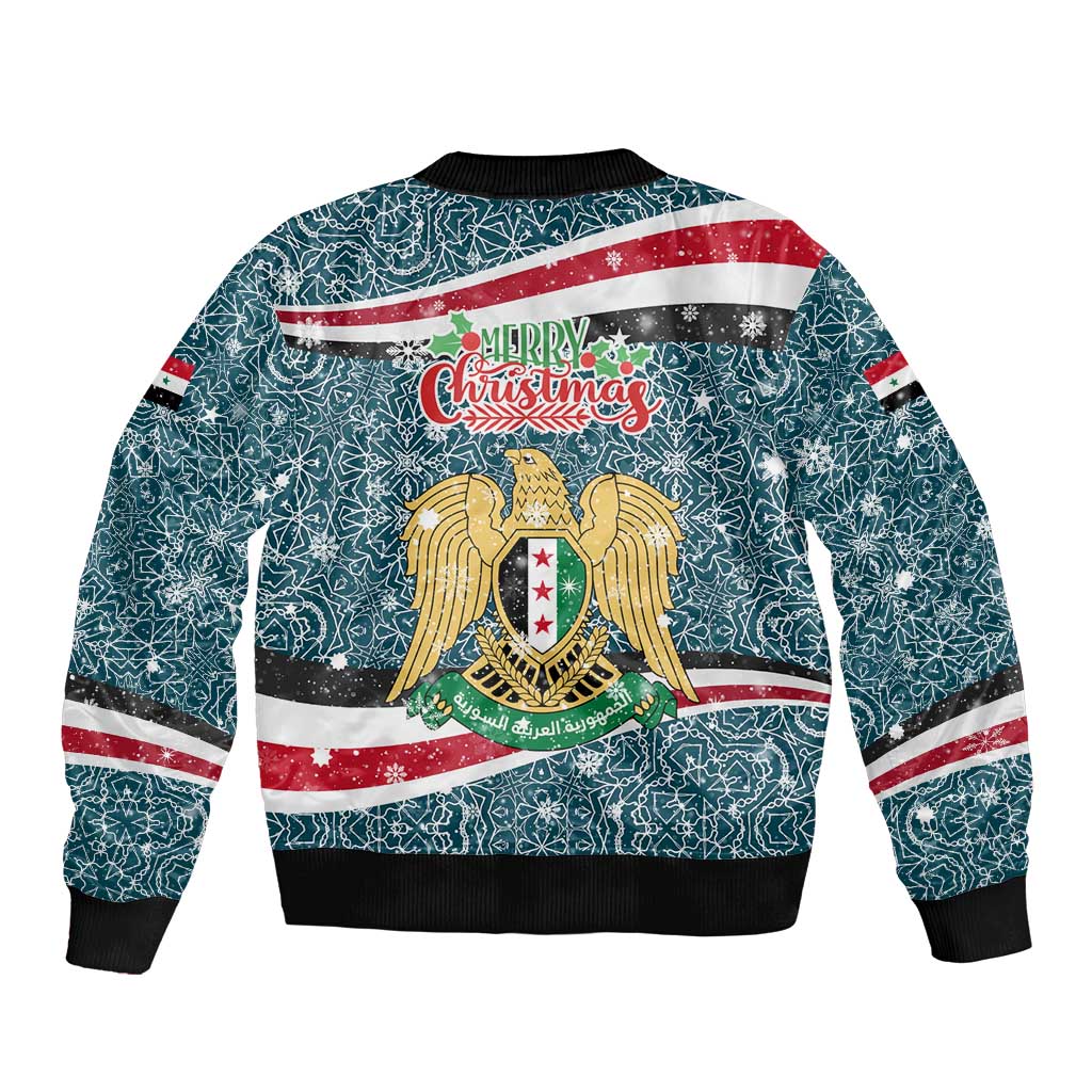 Syria Christmas Sleeve Zip Bomber Jacket with National Flag Motif, Coat of Arms Eagle, and Festive Snowflake Pattern - Wonder Print Shop