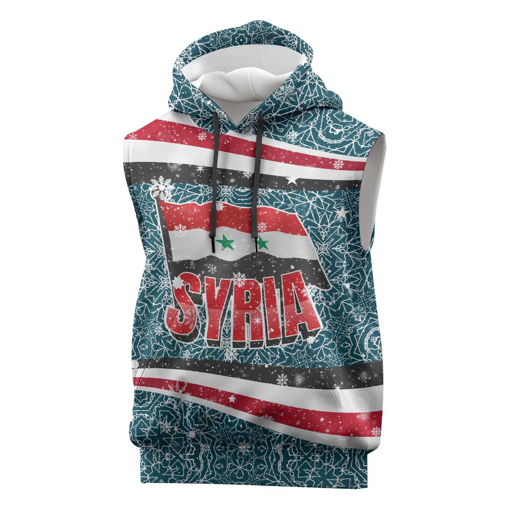 Syria Christmas Sleeveless Hoodie with National Flag Motif, Coat of Arms Eagle, and Festive Snowflake Pattern - Wonder Print Shop