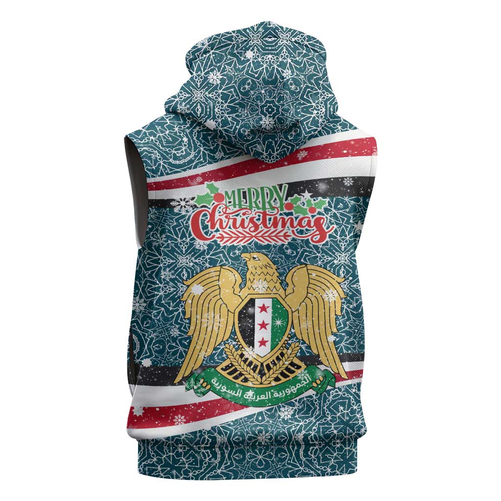Syria Christmas Sleeveless Hoodie with National Flag Motif, Coat of Arms Eagle, and Festive Snowflake Pattern - Wonder Print Shop