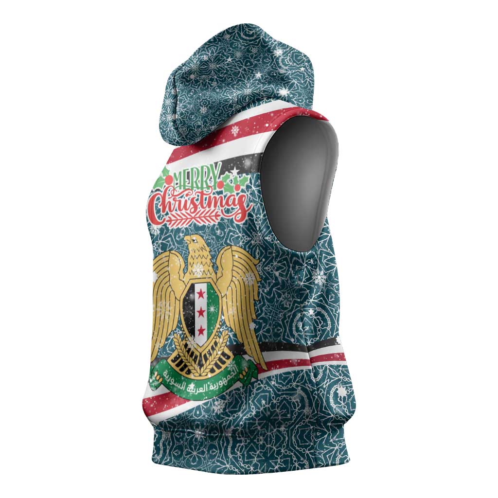 Syria Christmas Sleeveless Hoodie with National Flag Motif, Coat of Arms Eagle, and Festive Snowflake Pattern - Wonder Print Shop