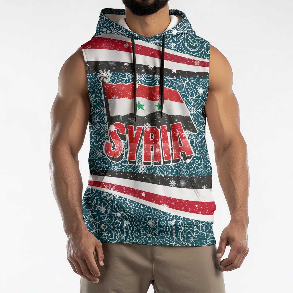 Syria Christmas Sleeveless Hoodie with National Flag Motif, Coat of Arms Eagle, and Festive Snowflake Pattern - Wonder Print Shop