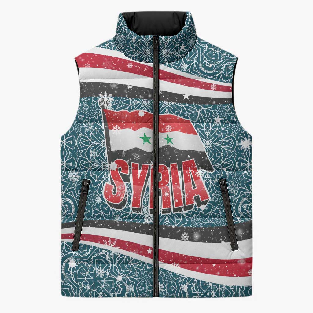 Syria Christmas Sleeveless Puffer Jacket with National Flag Motif, Coat of Arms Eagle, and Festive Snowflake Pattern - Wonder Print Shop