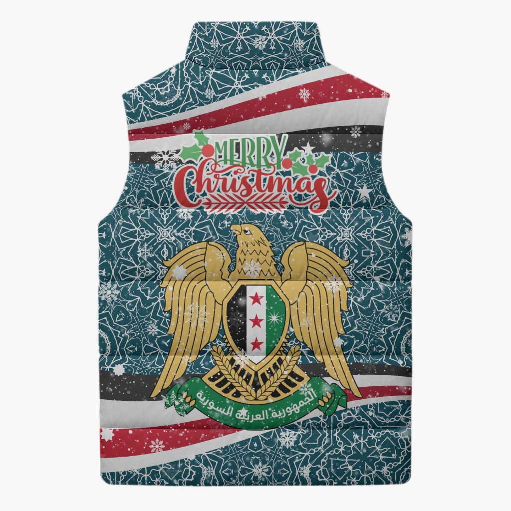 Syria Christmas Sleeveless Puffer Jacket with National Flag Motif, Coat of Arms Eagle, and Festive Snowflake Pattern - Wonder Print Shop