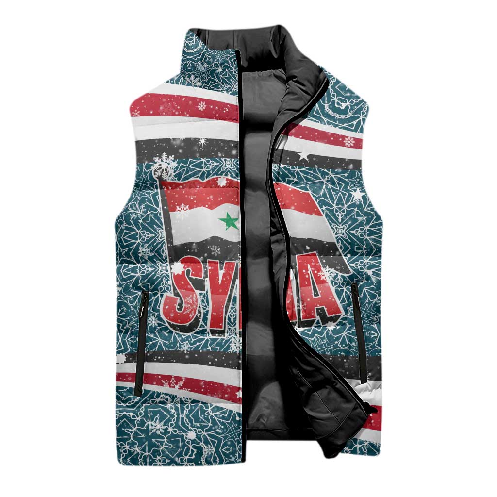 Syria Christmas Sleeveless Puffer Jacket with National Flag Motif, Coat of Arms Eagle, and Festive Snowflake Pattern - Wonder Print Shop