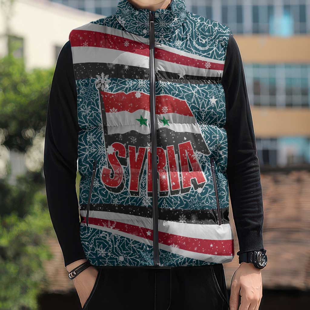 Syria Christmas Sleeveless Puffer Jacket with National Flag Motif, Coat of Arms Eagle, and Festive Snowflake Pattern - Wonder Print Shop