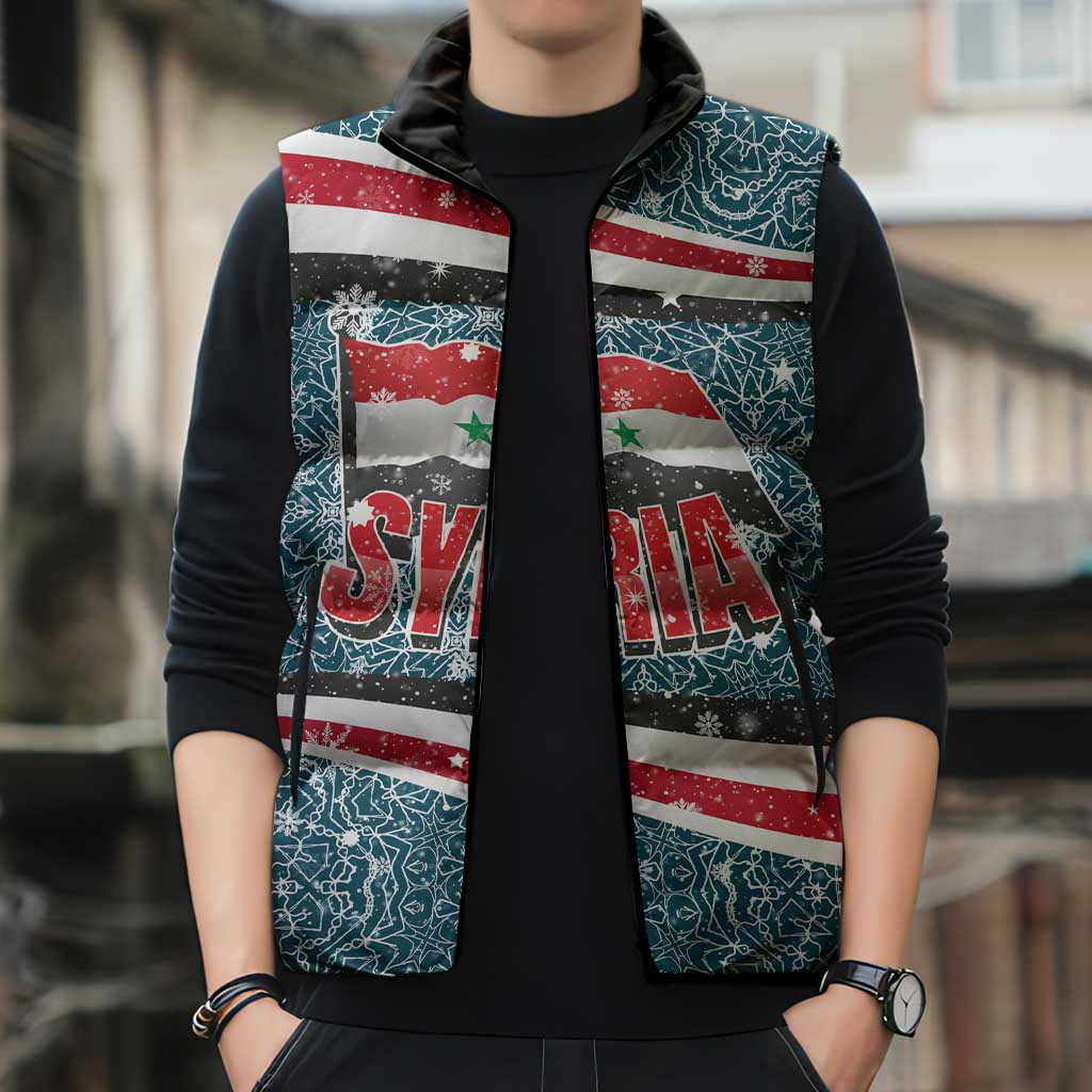 Syria Christmas Sleeveless Puffer Jacket with National Flag Motif, Coat of Arms Eagle, and Festive Snowflake Pattern - Wonder Print Shop