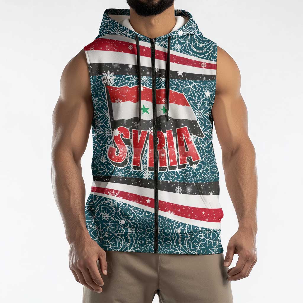 Syria Christmas Sleeveless Zip Hoodie with National Flag Motif, Coat of Arms Eagle, and Festive Snowflake Pattern - Wonder Print Shop