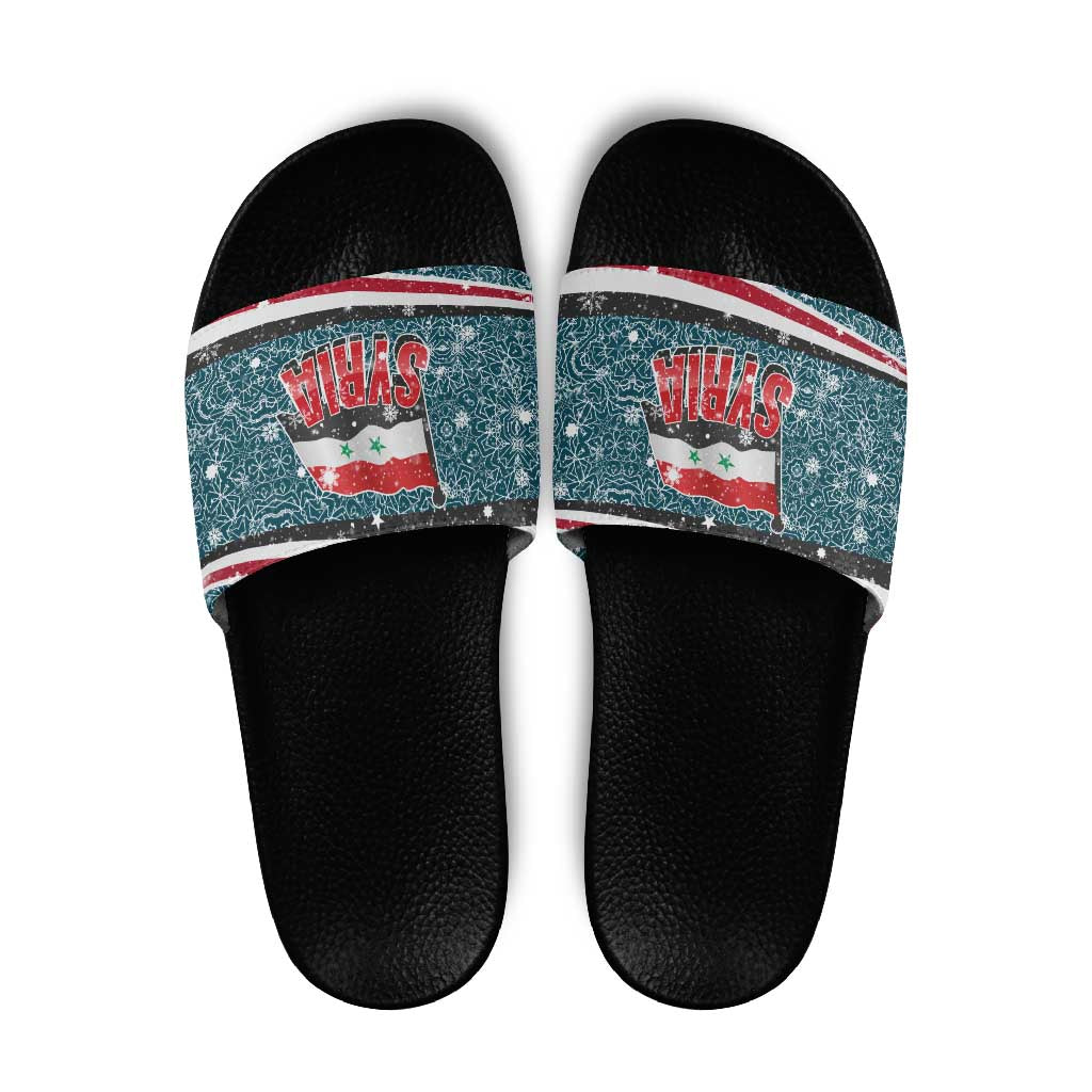 Syria Christmas Slide Sandals with National Flag Motif, Coat of Arms Eagle, and Festive Snowflake Pattern - Wonder Print Shop