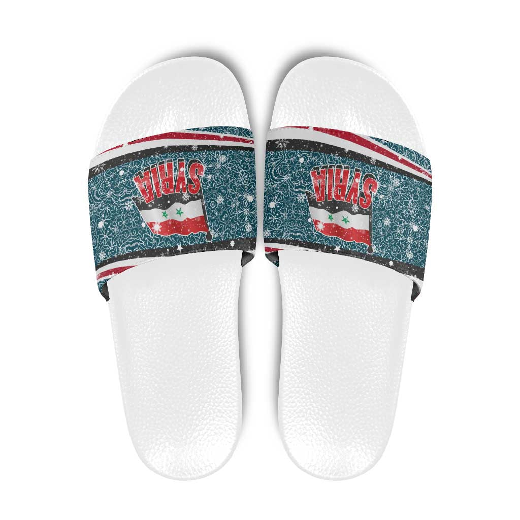 Syria Christmas Slide Sandals with National Flag Motif, Coat of Arms Eagle, and Festive Snowflake Pattern - Wonder Print Shop